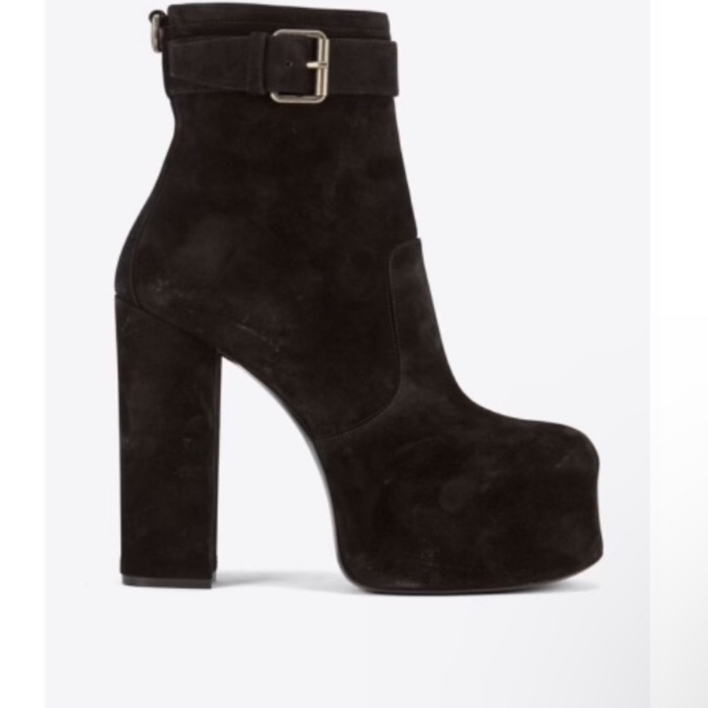 Saint Laurent Mina Cherry 95 Mazzi Buckle Platform Suede Booties Cachemire Nero